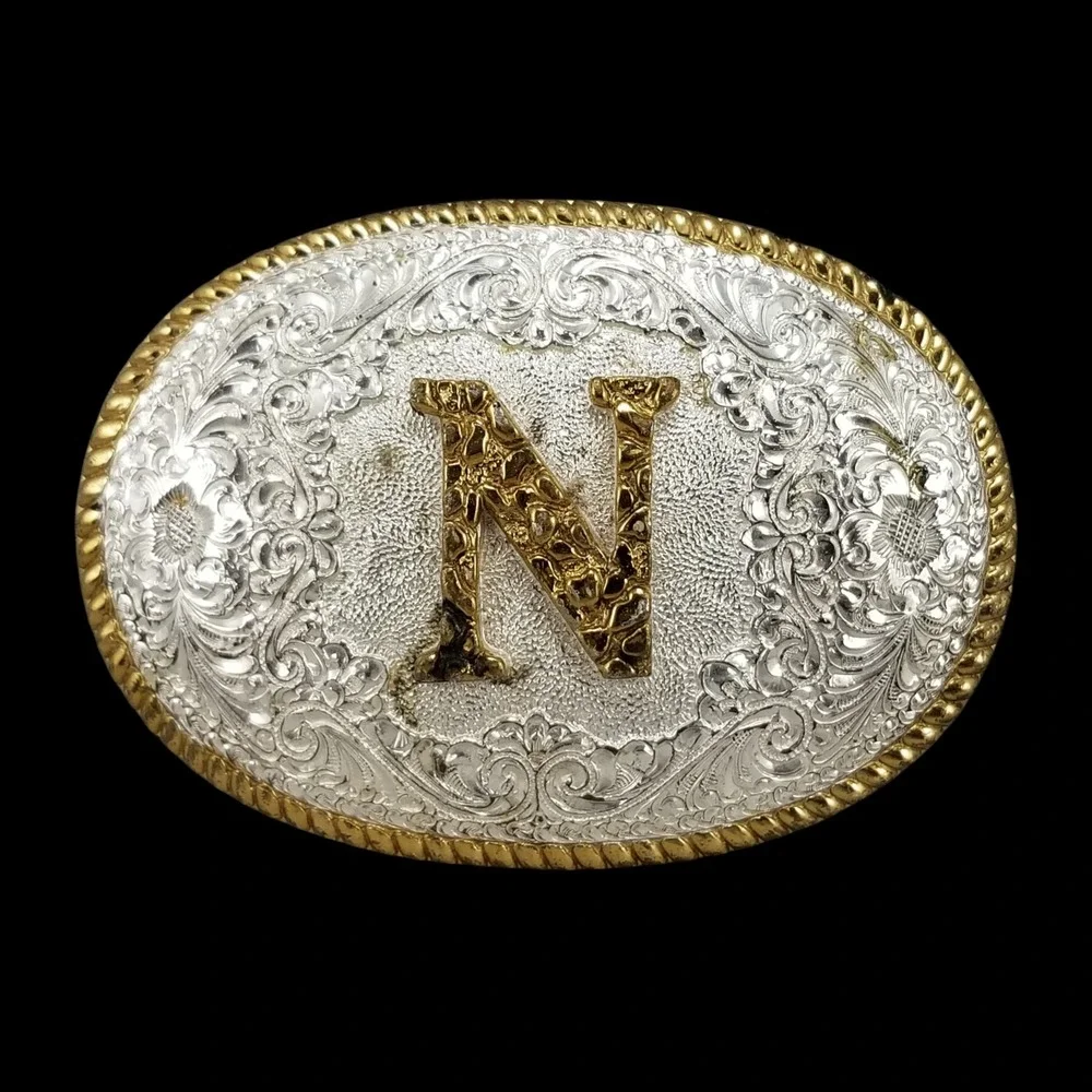 Crumrine Mfg Western Belt Buckle Initial N Silver Gold Tone Floral Engraved Oval